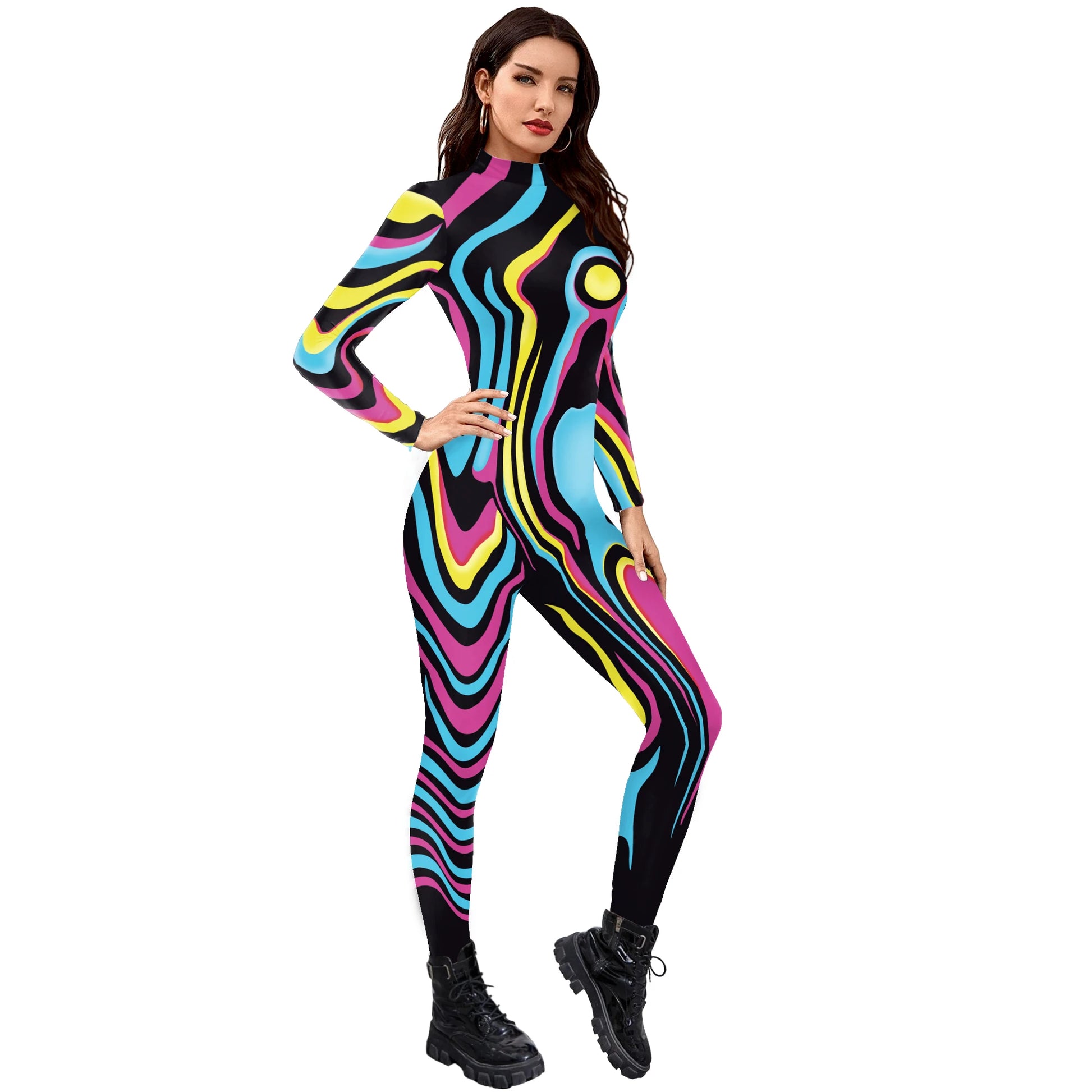 [You're My Secret] Women's Catsuit Fashion Funny Halloween Cosplay Costumes 3D Skeleton Muscle Print Zentai Bodysuit Jumpsuits - Seprincess