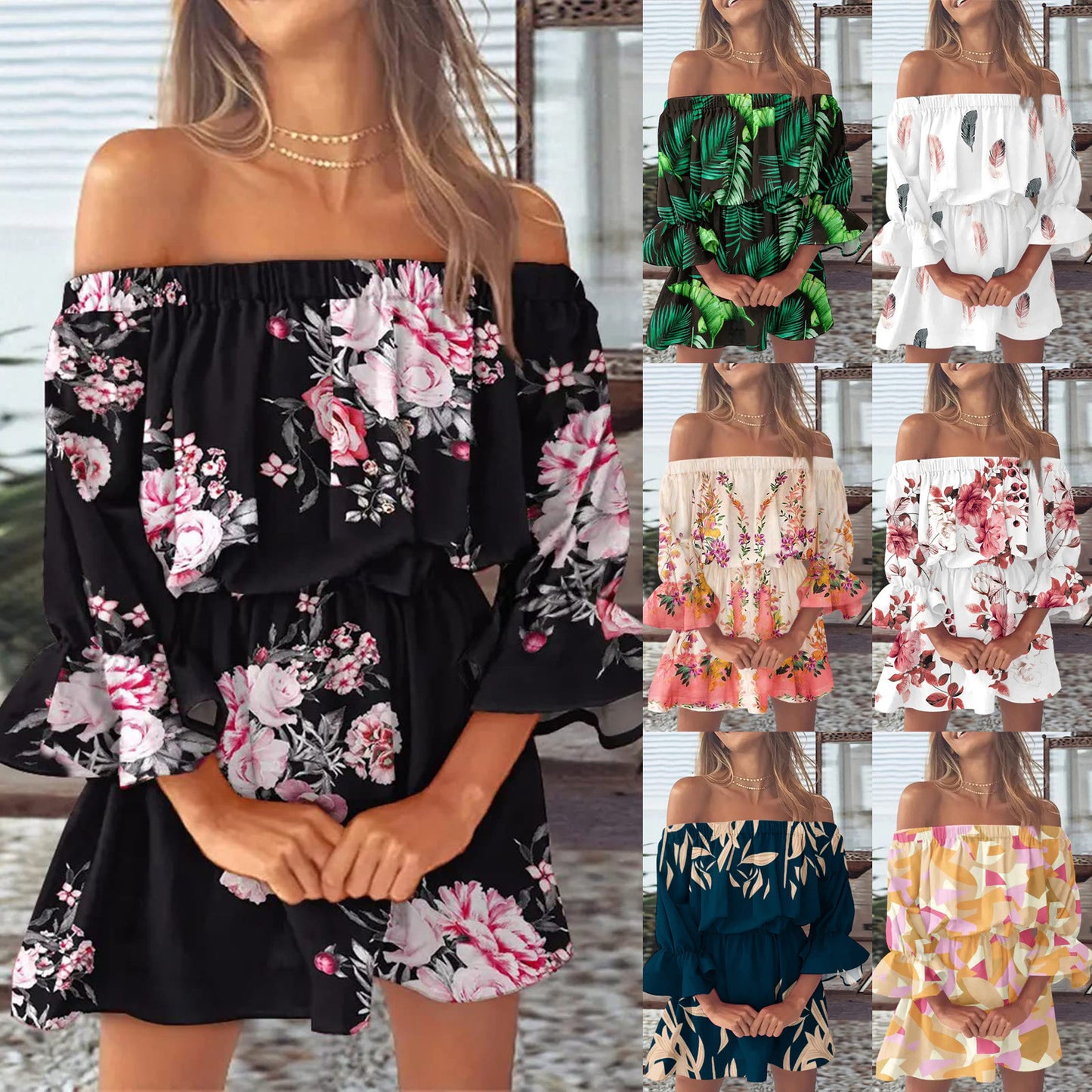 Boho Dresses for Women 2023 Summer Sexy Off Shoulder Floral Print Flare Sleeve Tunic Dress Women Casual Mini Sundress Vestido - Seprincess