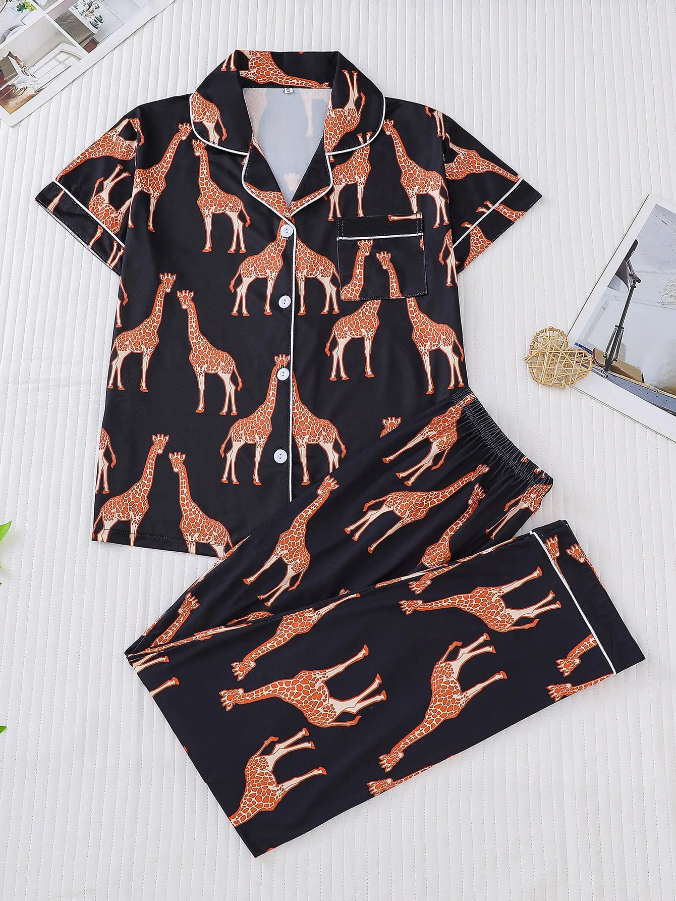 Giraffe collar short and long women's printed pajamas set short sleeved top and loose pants comfortable women's pajamas - Seprincess