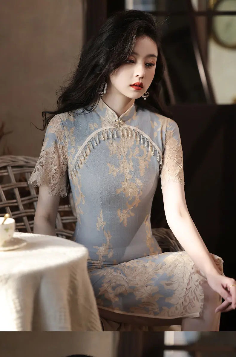 2022 Retro Cheongsam Chinese Classic Women's Qipao Elegant Short Sleeve Vintage Dress Splice Lace Daily Embroidery Dress - Seprincess