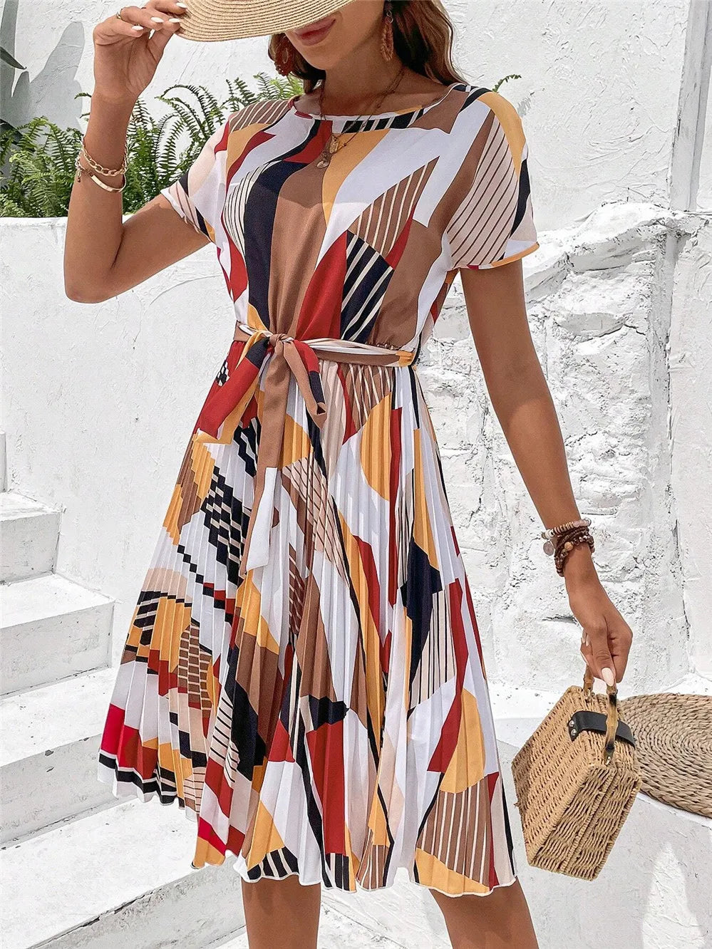 Elegant Print Lace-up Dress Summer Women Round Neck Pleated Medium Long Dress - Seprincess