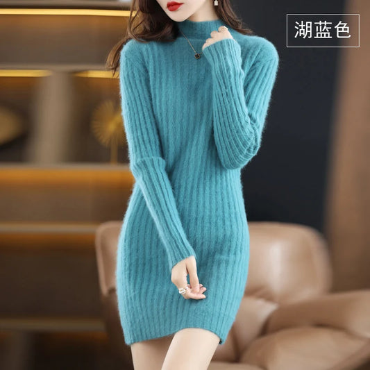 Women's High Collar Winter Warm Long Sleeve Solid Mink Cashmere Korean Version Loose Luxury Soft Cashmere Knitted Fit Dress - Seprincess