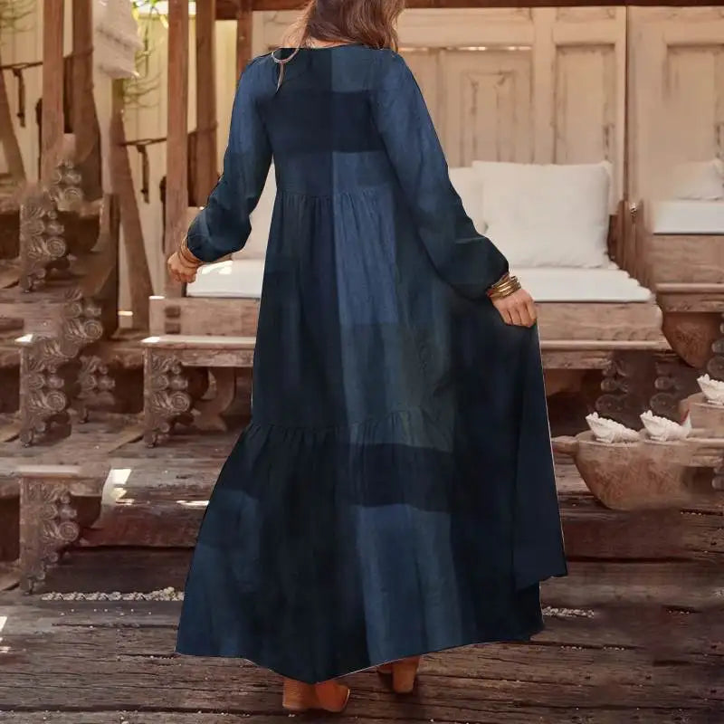 ZANZEA Autumn Long Puff Sleeve Maxi Dress Women Vintage Tiered Plaid Long Robes Fashion Cotton Linen V Neck Vestido Casual Dress - Seprincess