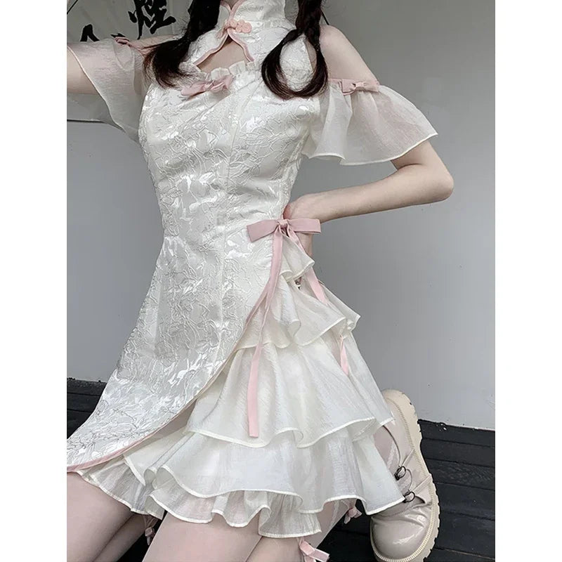 Jade Pendant Vintage Cheongsam Harajuku Chinese Dress Tie Dye Gothic Women Aesthetic Bandage Y2k Sexy Robe Carnival Dress Up - Seprincess