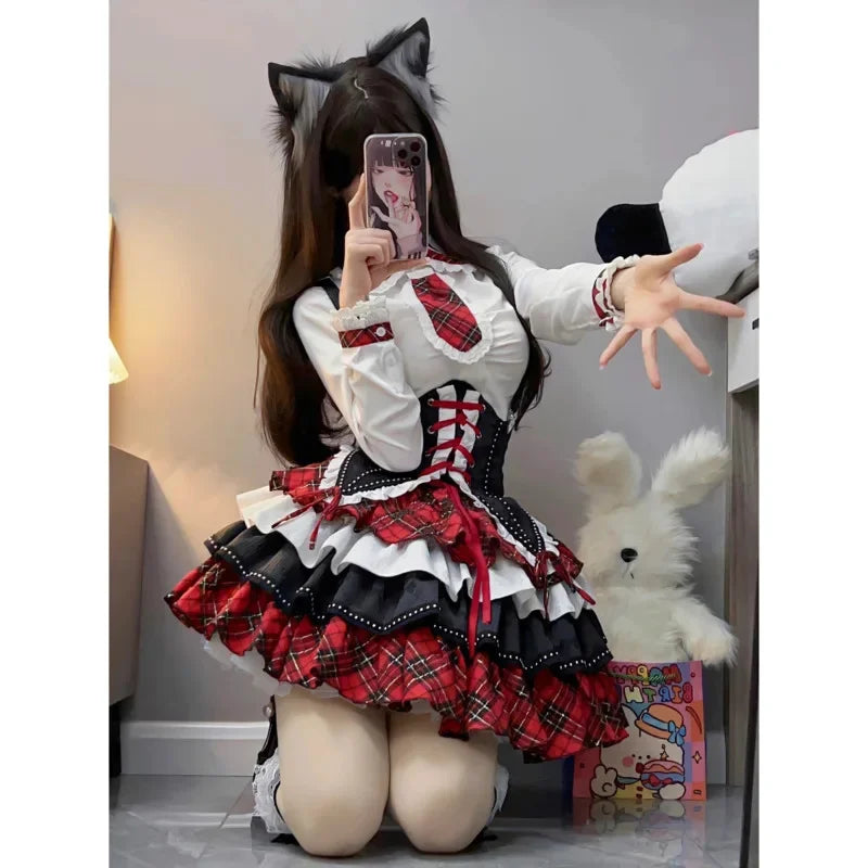 Plaid Patchwork Design Y2k Lolita Dress Sets Halloween Uniform Kawaii Mini Skirt Cosplay Anime Three Pieces Suit For Women - Seprincess