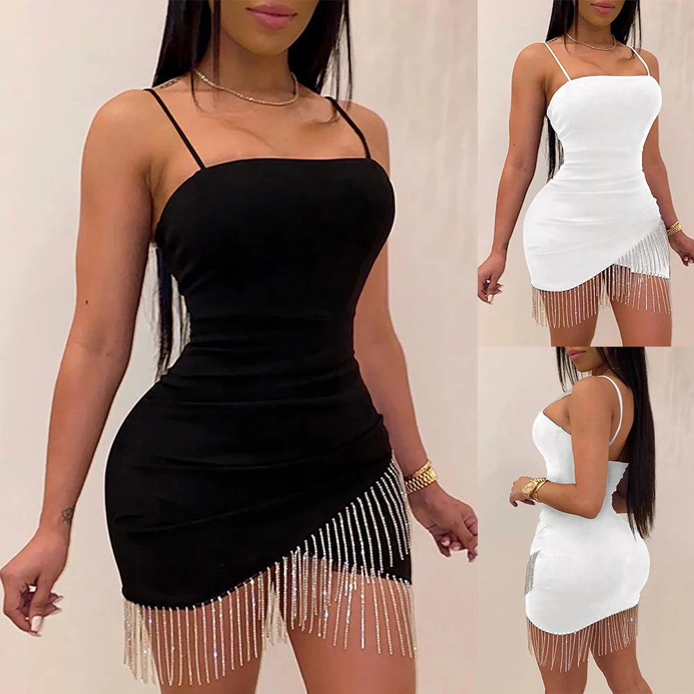 Birthday Woman Party Night Tassel Split Dress Short Sexy Dresses Summer Elegant Sleeveless Bodycon Solid Color White/Black - Seprincess