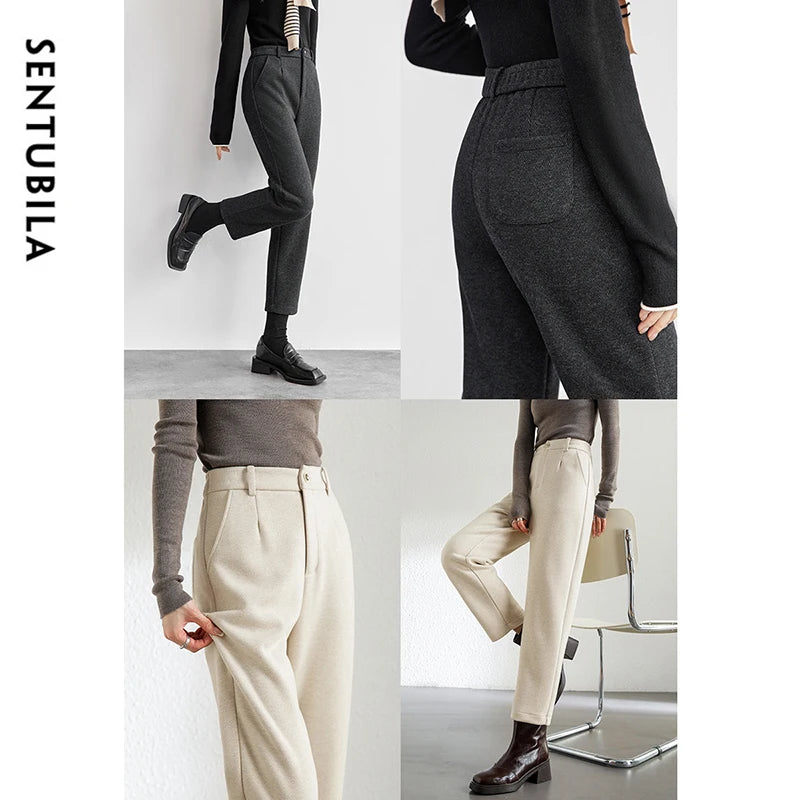 SENTUBILA Straight Wool Knitted Pants Women 2024 Winter Slim Fit  Thick Warm High Waist Ankle Knee-length Pencil Pant 144K56342