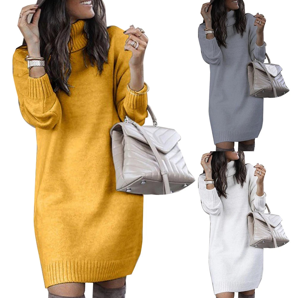 Women Winter Loose Dress Knee-length Dress Women Long Sleeve Autumn Turtleneck Warm Knitted Sweater Knee-length Dress - Seprincess