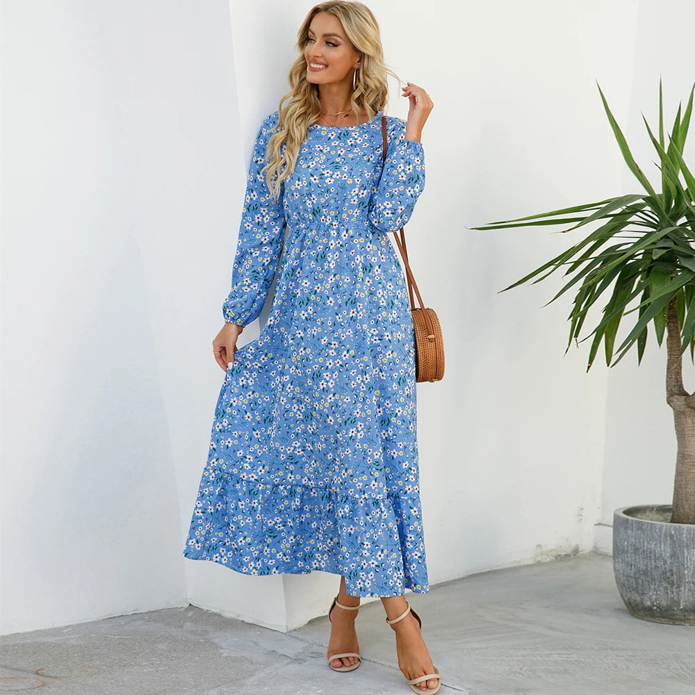 Women Maxi Dresses Sping Autumn Bohemian Casual Full Sleeve High Waist Beach Woman Chiffon Dresses Floral Vestidoes Long Dress - Seprincess