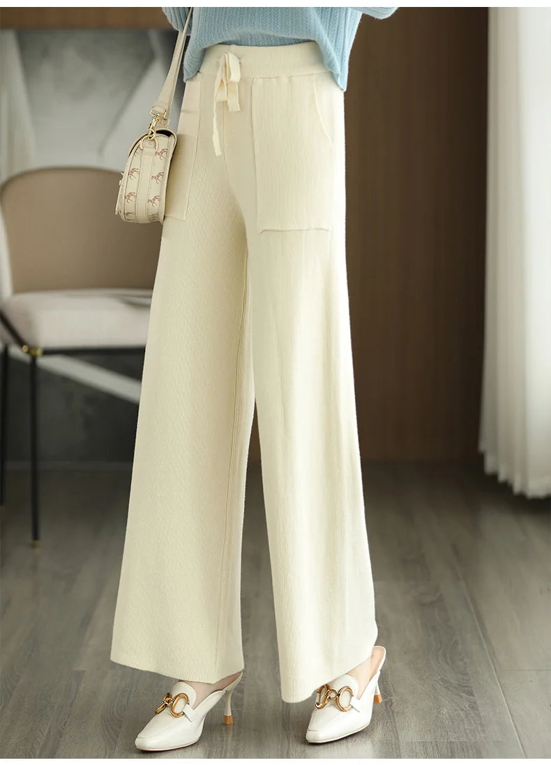 Women's Merino Wool Knitted Pants Office Lady Simple High Waist Straights Trousers Cashmere Wool Autumn Winter Thick Knitwear