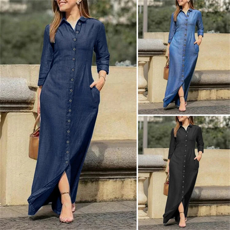 2023 Autumn Elegant Women's Denim Dress Long Sleeve Buttons Shirt Long Dress Female Fashion New Elegant Casual Ladies Clothes - Seprincess