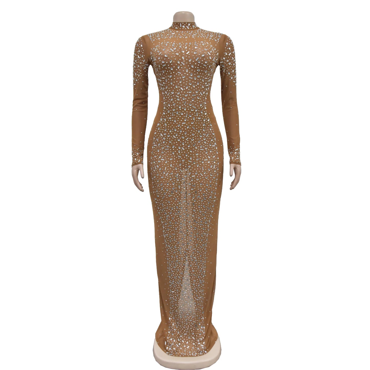 Women Sexy See Through Sheer Mesh Rhinestone Decor Long Sleeve Maxi Party Dress - Seprincess