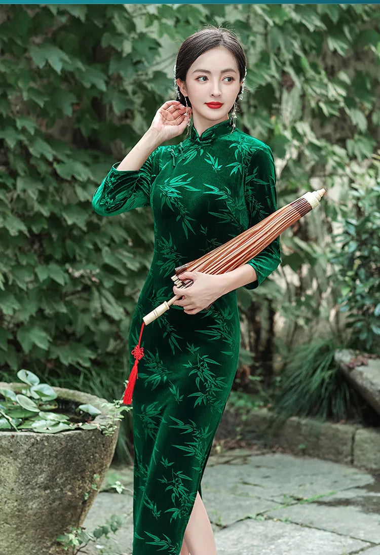 Plus Size Velvet Long Qipao Autumn Winter Female Chinese Dress Traditional Vintgae Mandarin Collar Cheongsam Sexy Slim Vestidos - Seprincess