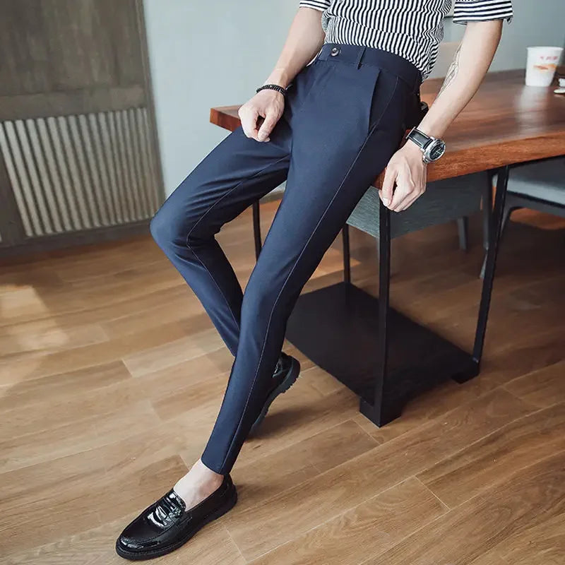 Blue Elastic Man Suits Pants Stretch Trousers for Men Tight Elegant Up Summer 2024 Vintage Cheap Anti-wrinkle Formal Dress Fine