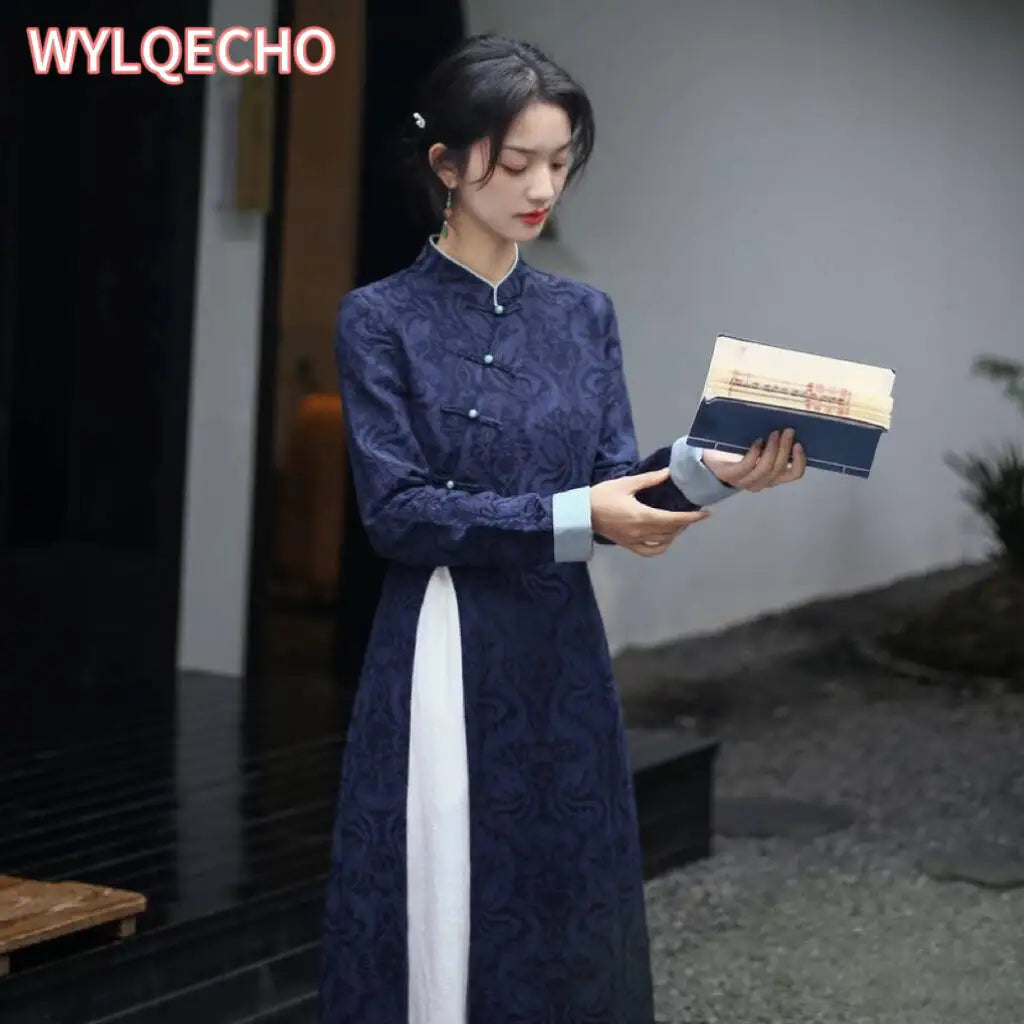 2024 Autumn New Vietnam Aodai Chinese Styles Women Floral Printing Vintage Long Dress Qipao Chinese Elegant Cheongsam Dress - Seprincess