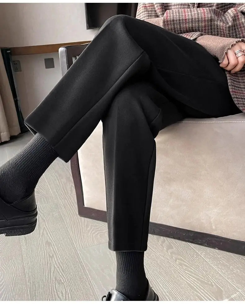 Simplicity Autumn Women Woolen Suit Pants Solid Pockets Button Elastic High Waist Fashion Straight Thicken Ankle Length Trousers