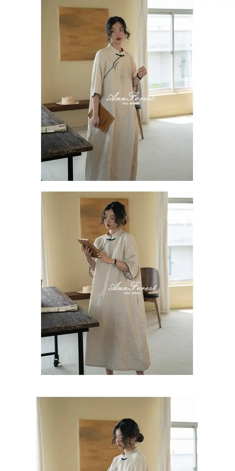 2023 summer vintage embroidery new chinese style improved cheongsam dress stand-up collar half sleeve retro loose dress s127