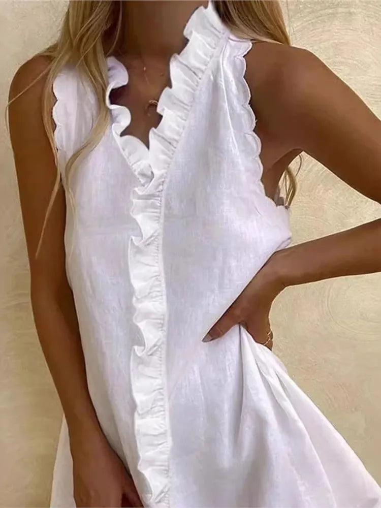 New Women Casual Cotton And Linen White Dress Summer V Neck Ruffles Sleeveless Elegant Boho Beach Party Mini Dresses Female Robe - Seprincess