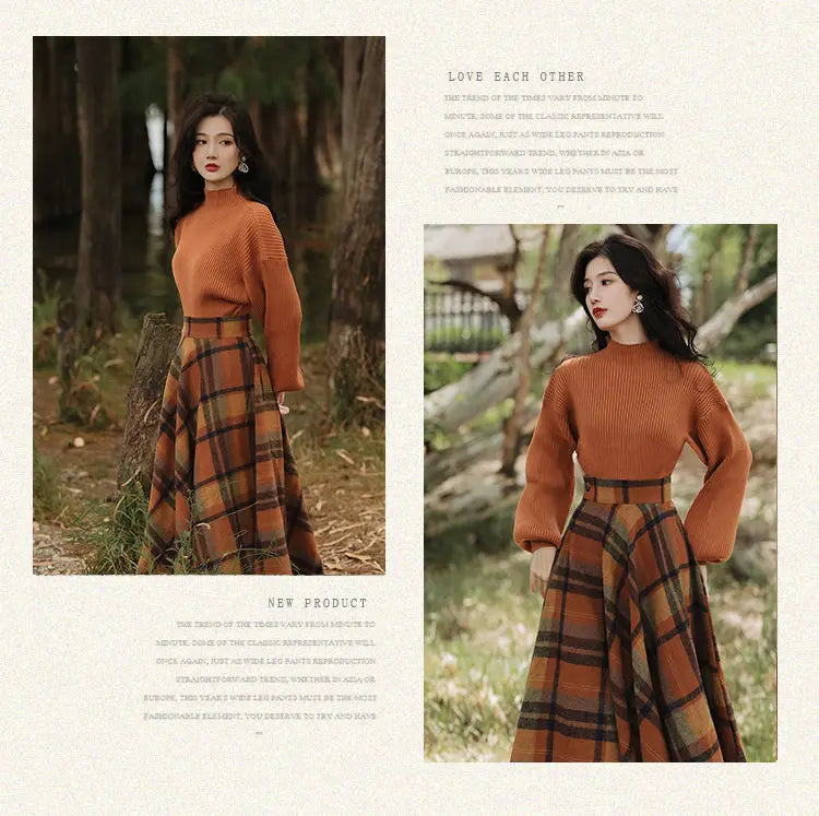 Women's Spring Autumn Vintage Plaid Long Skirts Sweater Two-Piece Set French Lady Graceful Knit Pullover High Waist Skirt Outfit - Seprincess