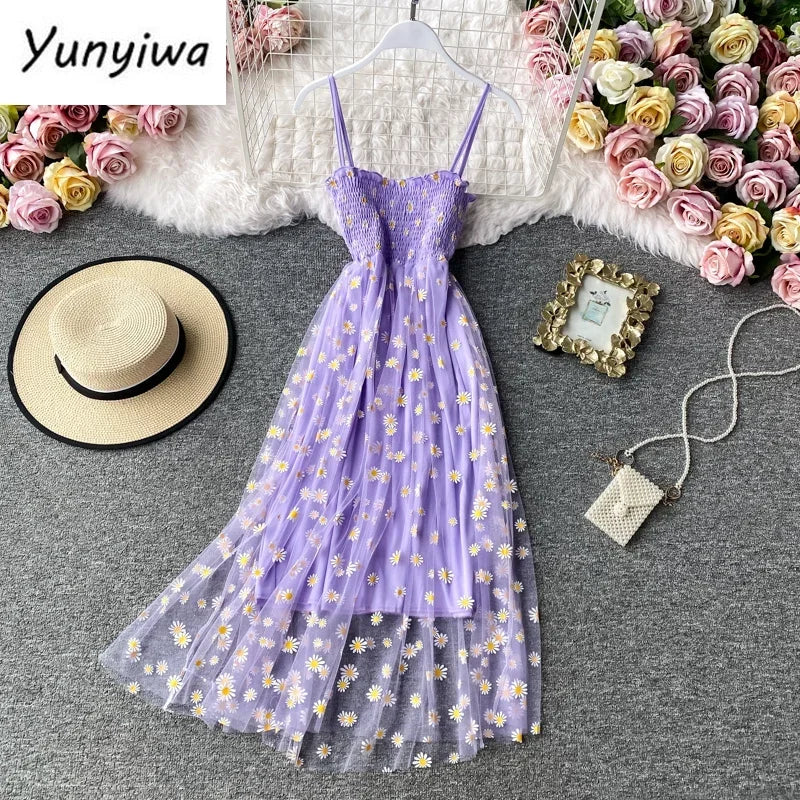 Women daisy Print Dresses Summer Sexy Lace Mesh Dress Spaghetti Strap Ruched Floral Vestidos Korean Style Long Dress - Seprincess