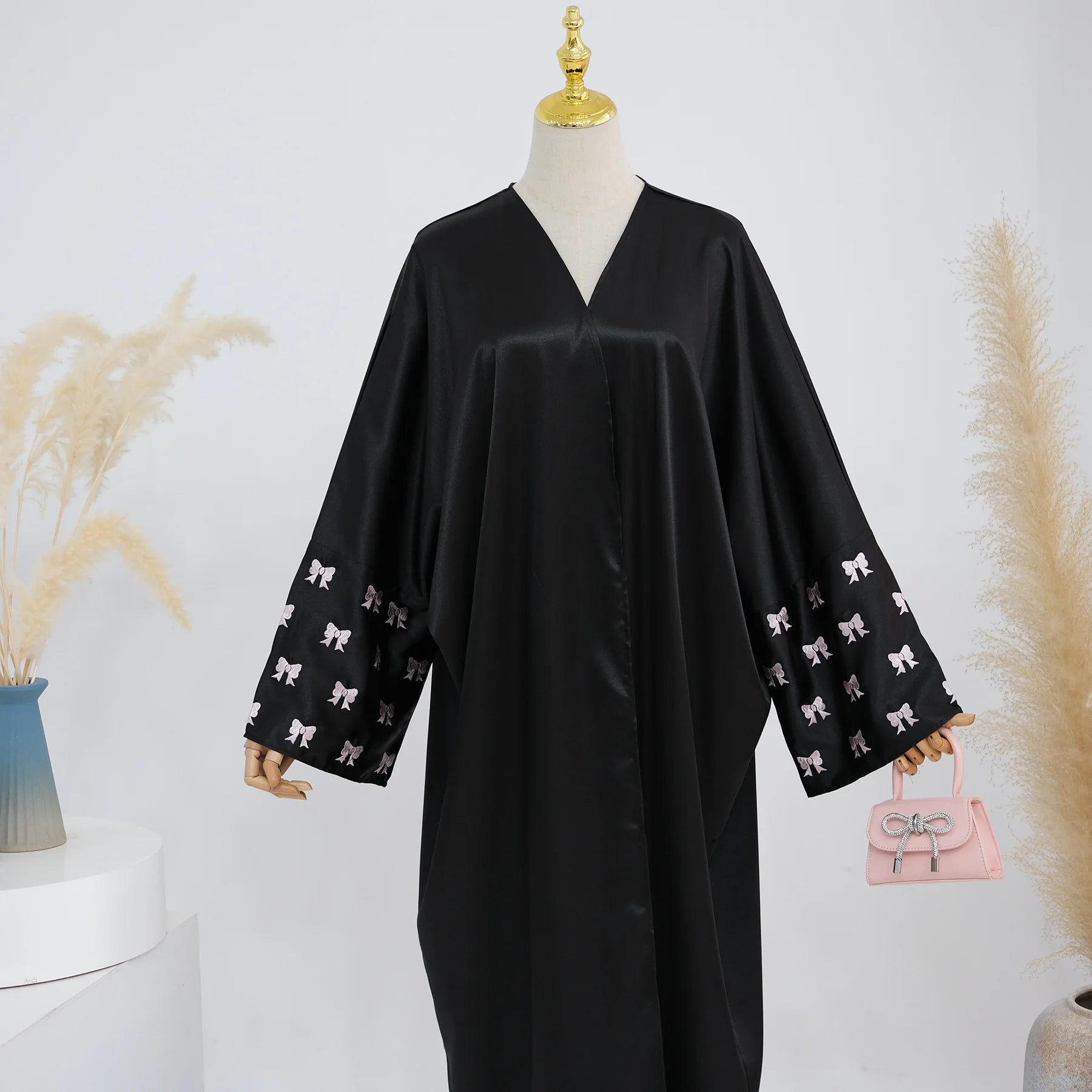 Butterfly Embroidered Satin Dubai Abaya for Muslim Women, Open Front, Batwing Sleeves, Islamic Clothing, Hijabi, Party, Ramadan - Seprincess