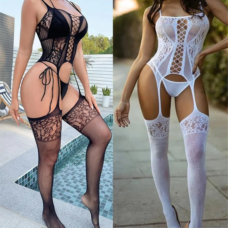 Bodysuit Strap with European pattern hollowed out suspender for tight fitting 18 fancy women underwear sexy latex body woman xxx - Seprincess