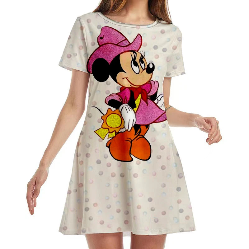 New Disney Minnie Mouse Anime Print Summer 2022 Ladies Sexy Round Neck Boho Beach Dress Ruffle Short Sleeve Mini Dress Y2K - Seprincess