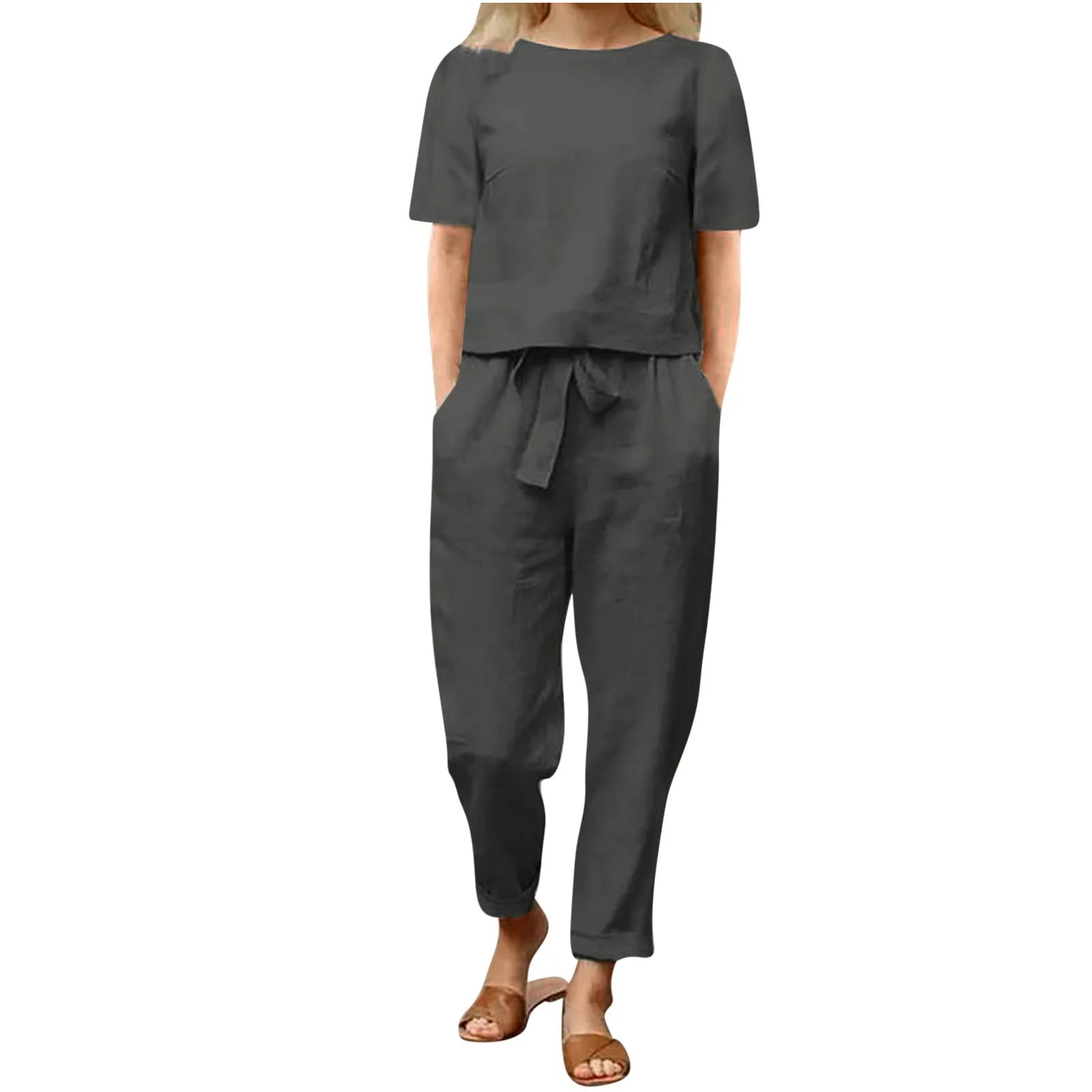 Women's Pullover Shirt And Pants Two-piece Set 2024 Women's Cotton And Linen Summer Suit Short Sleeved O-neck Outfit Pants - Seprincess