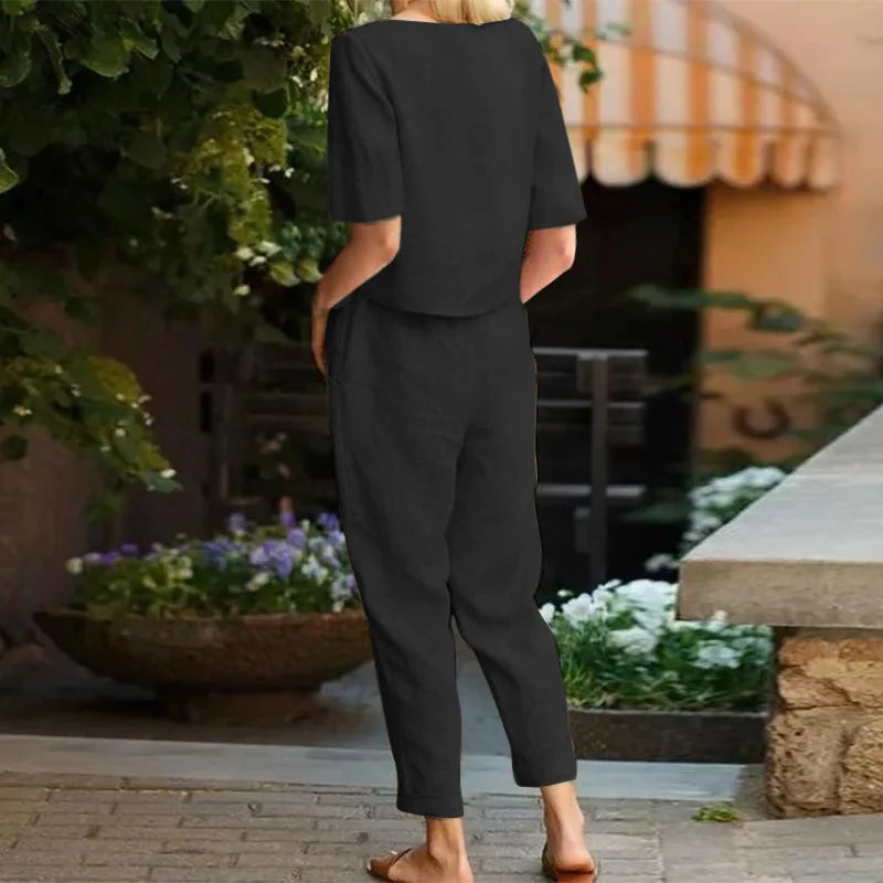 Women's Pullover Shirt And Pants Two-piece Set 2024 Women's Cotton And Linen Summer Suit Short Sleeved O-neck Outfit Pants - Seprincess