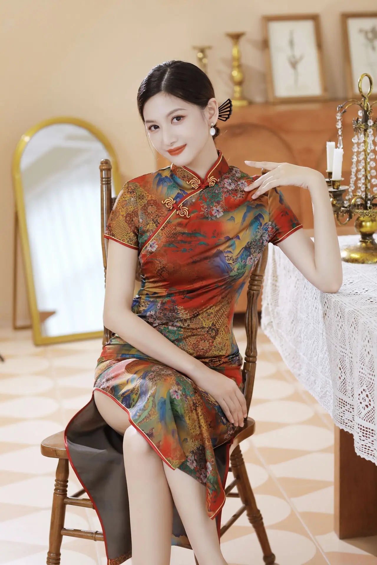 Chinese Style Cheongsams Woman Traditional Dress Floral Print Qipao Satin Vestido Para Mujer Slitting Hem Bodycon Large Size 5Xl - Seprincess