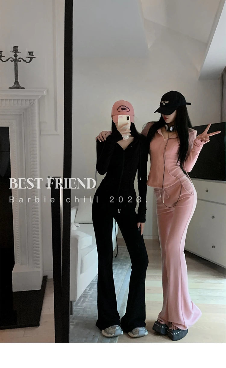 Y2K High Street Two Piece Set Tracksuit Women Hooded Zipper Jacket + Drawstring Wide Leg Pants Korean Fashion Solid Slim Outfits - Seprincess