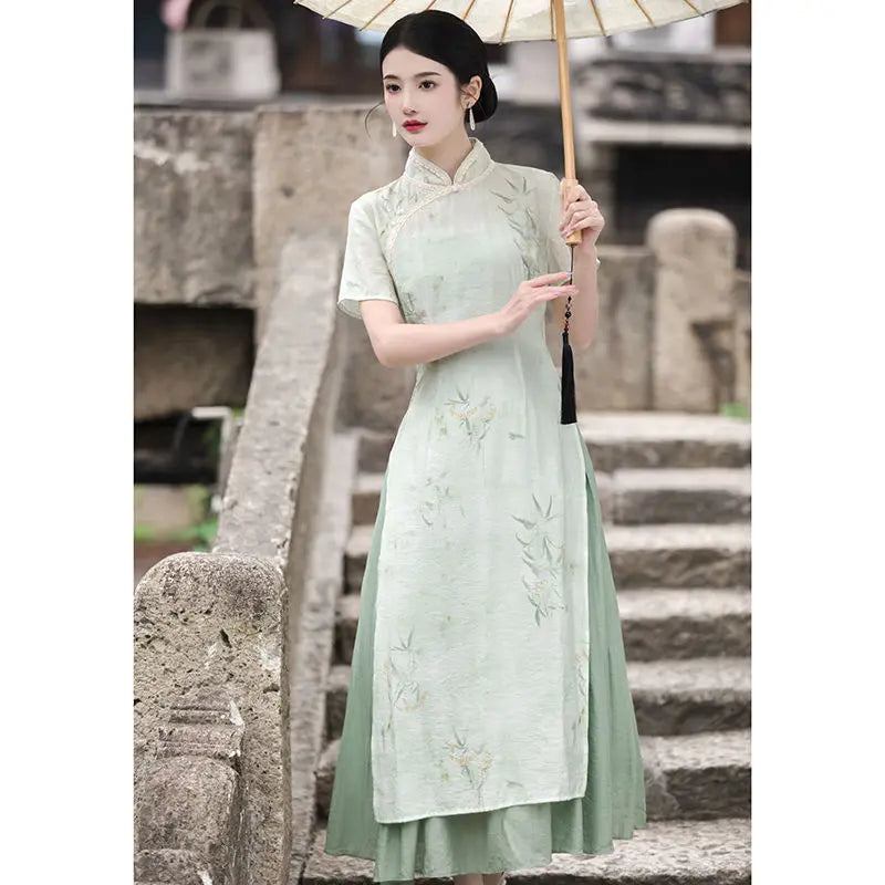 Retro Chinese Style Short Sleeve Qipao Two-piece Set Women New Chinese Style Green Improved Cheongsam Summer Long Dresses - Seprincess