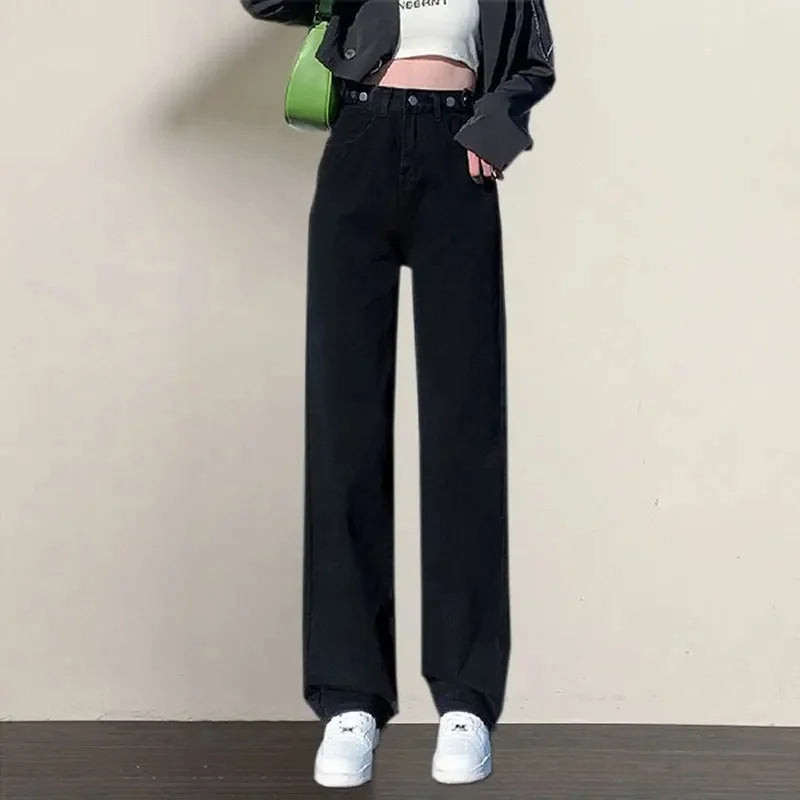 Multi-Button Wide-Leg Women's Jeans New Style Adjustable High-Waisted Straight-Leg Long Pants Loose Fit Niche Style