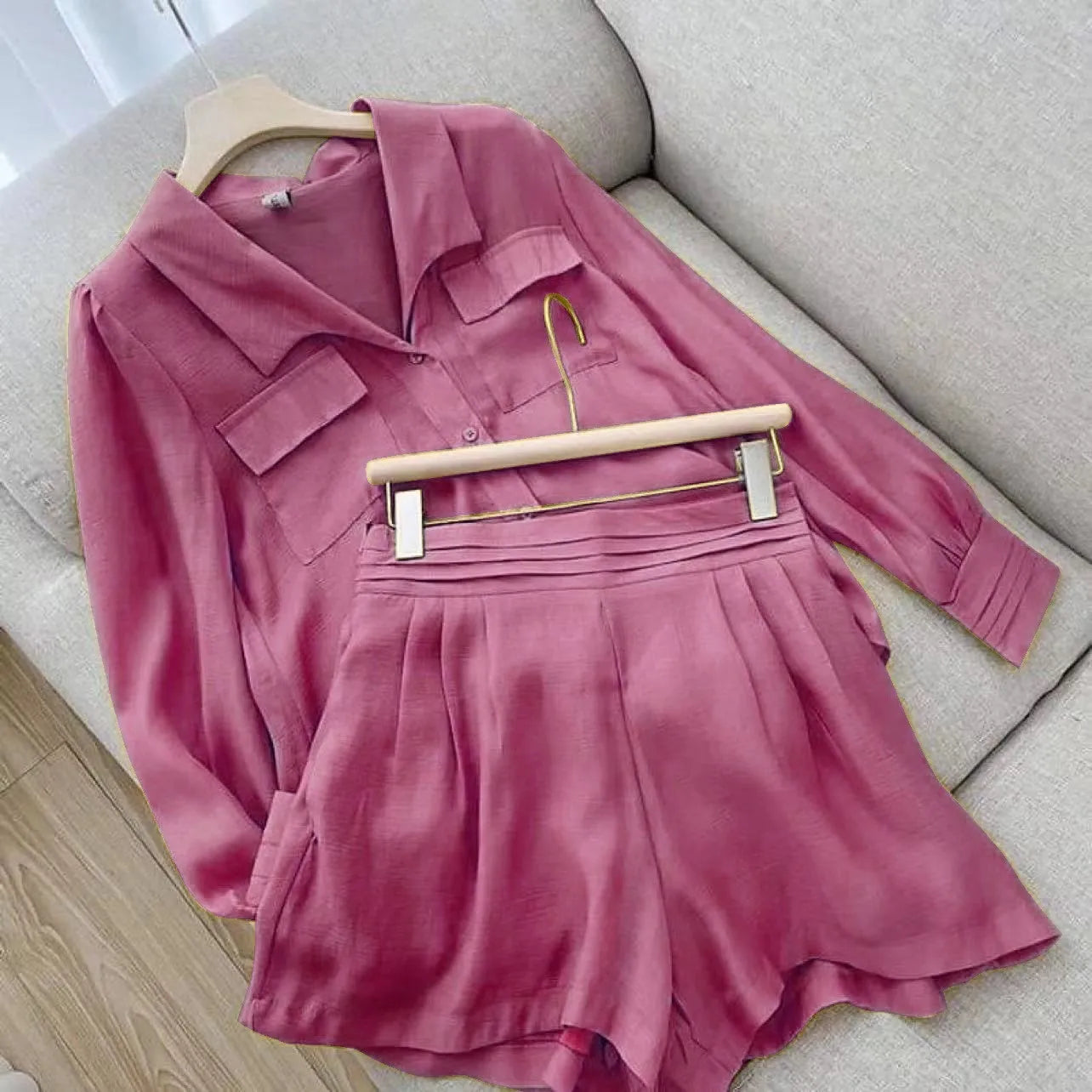 Spring Shirt Two Piece Set For Women Summer Shorts 2 Piece Sets Suits Solid Color Long Sleeve Shirt Short Casual Outfits Female - Seprincess