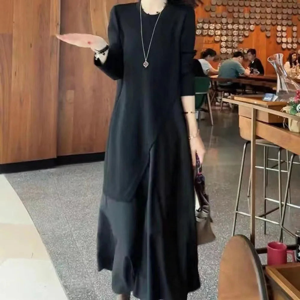 Women's Lyrical Party Dresses Long Sleeve Fake Two Piece Dress Round Neck Pure Black Skinny Casual Business Office Streetwear - Seprincess