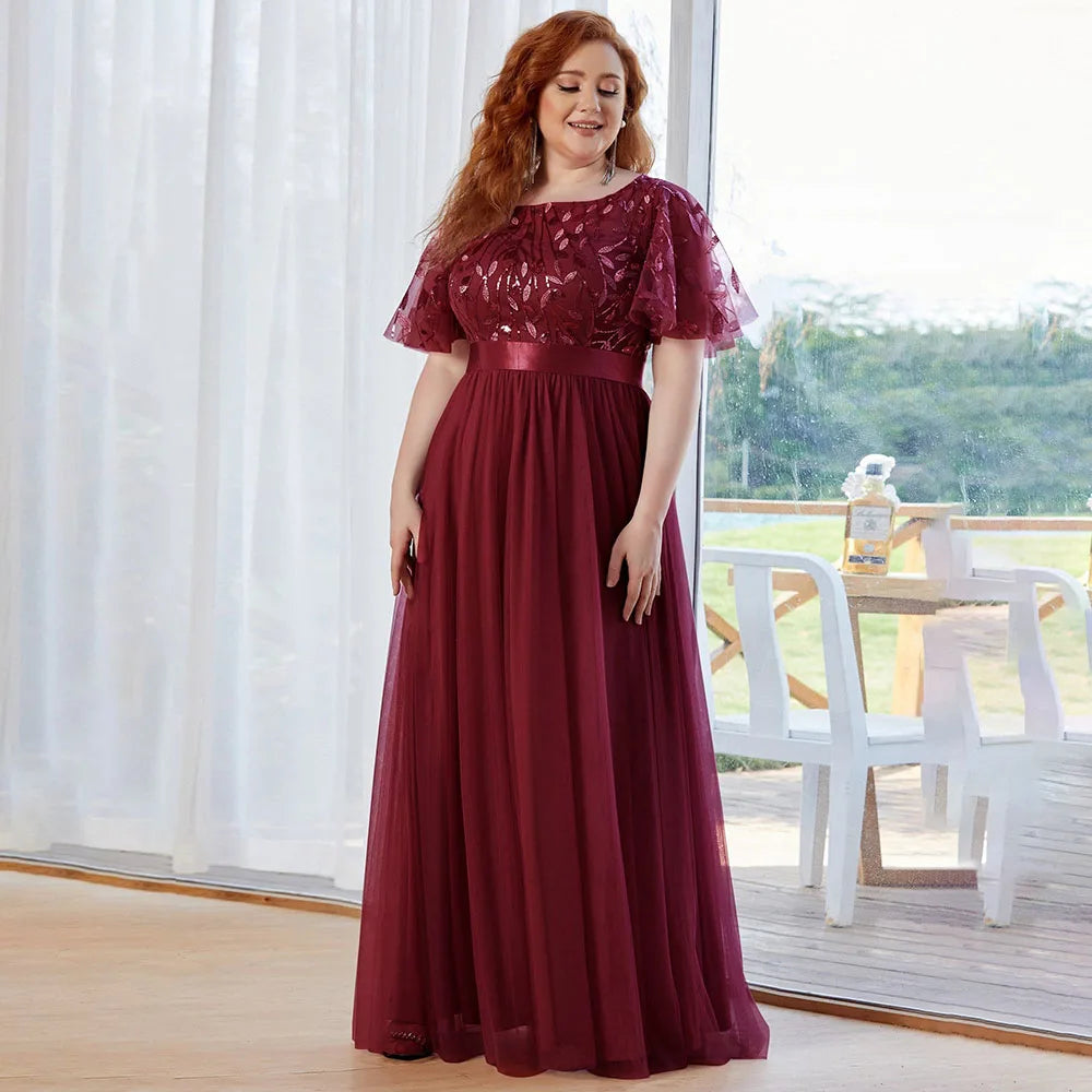 2023 NEW Plus Size Dress  Robe De Soiree Sparkle Evening Dresses Long A-Line O-Neck Short Sleeve LONG Formal Dresses - Seprincess