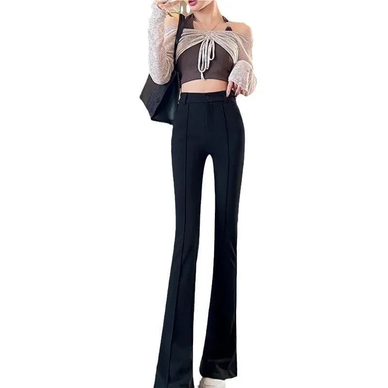 Black High-Waisted Slimming Casual Trousers Women's Summer 2024 New Style Draped Slim Fit Flared Leggings Fashionable Smooth Sil