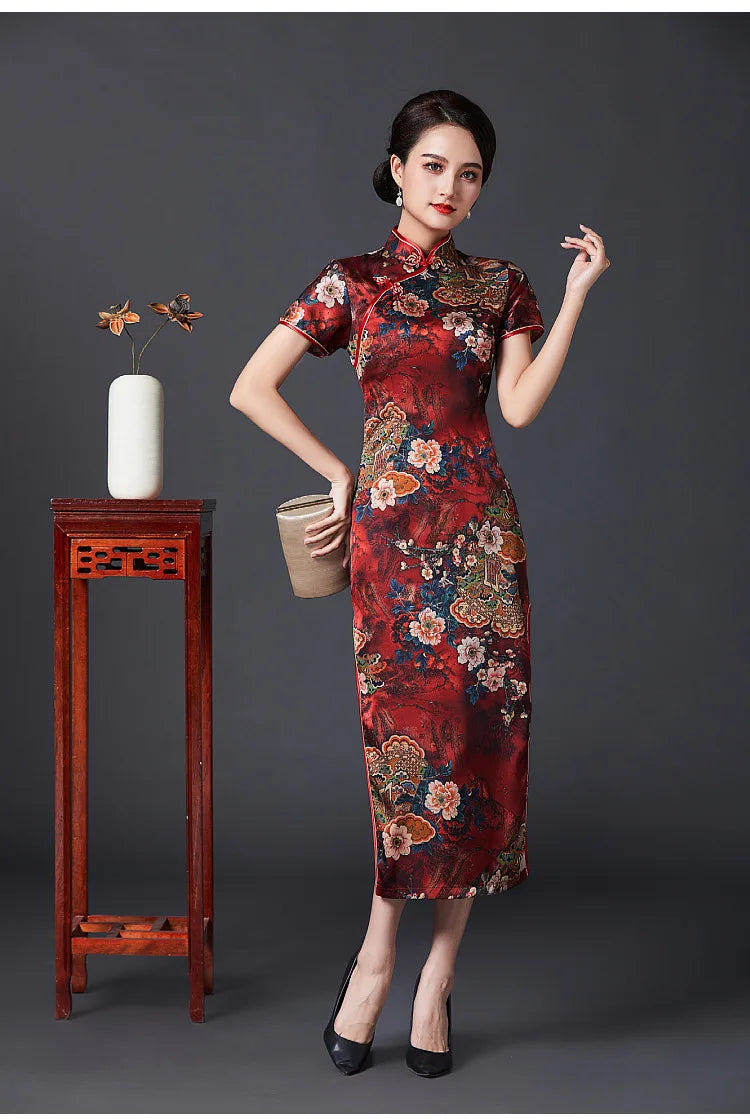 2023 New Vintage Long Cheongsam Women Sexy Slim Split Qipao Classic Chinese Traditional Dress Print Flower Evening Party Dress - Seprincess