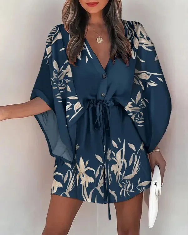 Summer Casual Dress Women Fashion Flying Sleeve V-neck Print Beach Party Dresses Elegant Lace Up Mini Dress Robe Femme 2023 New - Seprincess