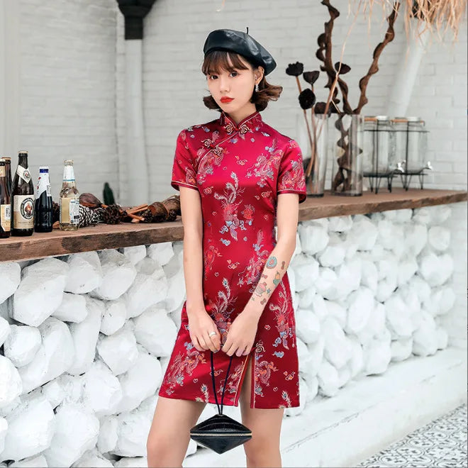 Front Fork Dragon&Phoenix Qipao Elegant Women Cheongsam Old Shanghai Mandarin Collar Sexy Short Chinese Dress Vestido - Seprincess