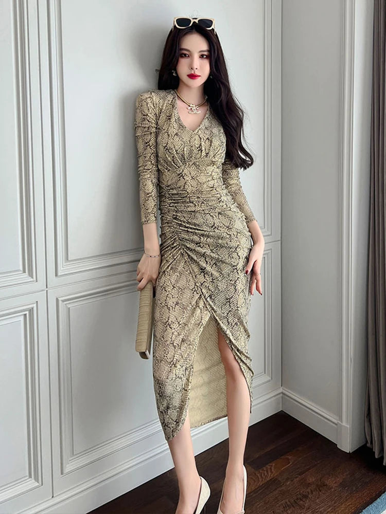 Elegant Retro Women Midi Dress Bright Shiny Sequin Silk Cotton Snake Print Folds Slit Bodycon Robe Femme Party Banquet Vestidos - Seprincess