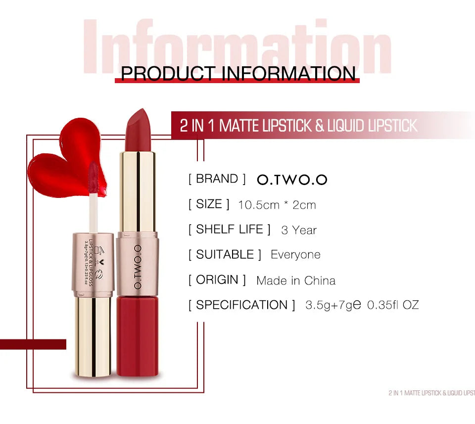 O.TWO.O 2 IN 1 Matte Lipstick&Liquid Lipstick 12 Colors Makeup Lip Glaze Waterproof Batom Lip Cosmetics Silky Texture - Seprincess