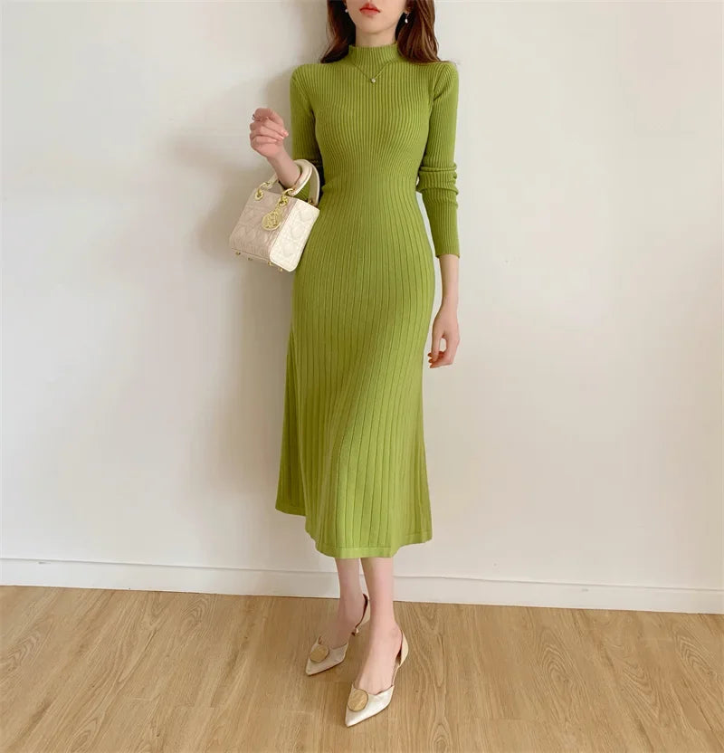 Autumn Winter 2024 Slim Long Sleeve Party Midi Dress for Women Knitted Half High Collar Elegant Knitted Sweater Dresses Ladies - Seprincess