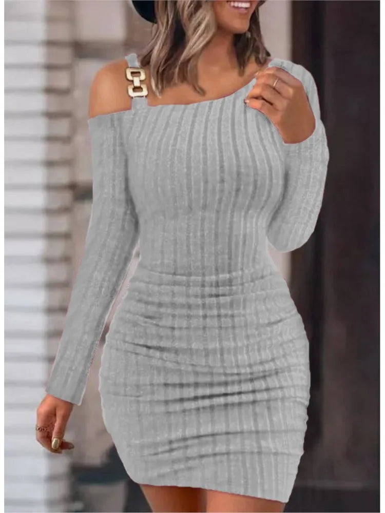 Sexy Chain Off Shoulder Mini Dress Women Autumn Fashion Bodycon Long Sleeve Dresses For Women Winter Skinny Knitted Vestidaos - Seprincess