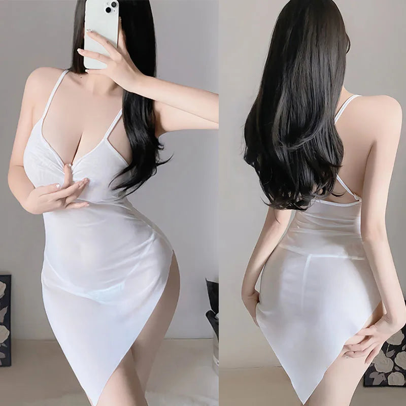 Hot Sexy Lace Short Dress V-neck Slip Sleepwear Women Sexy Lingerie Erotic Pajama Fancy Underwear Pure Color One-Piece Sex Set