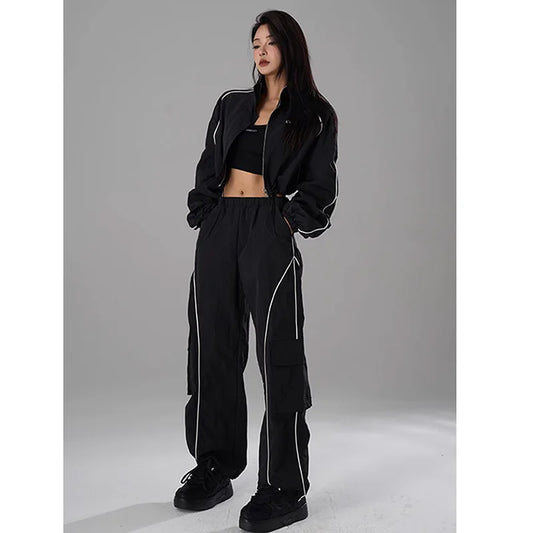 Hip Hop Sports Suit Two-piece Set Women Black Short Track Jacket +Sweatpants Joggers Dance Tracksuit Female Cropped Jacket Sets - Seprincess