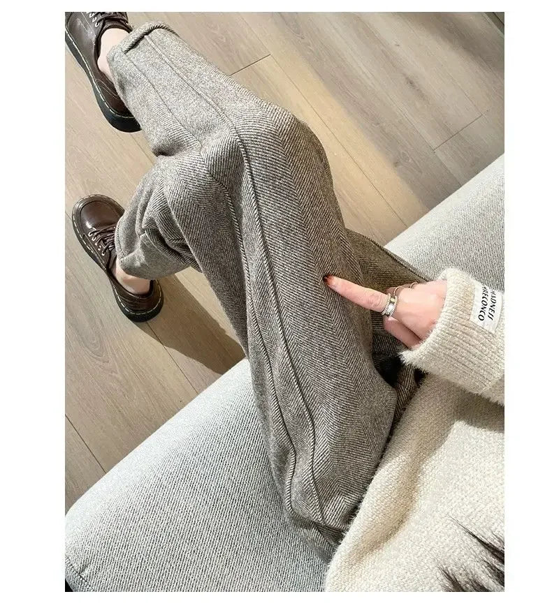 Winter Woolen Pants for Women Thicken Warm Ankle-Length Harem Pants Office Lady Khaki Elastic Waist Fashion Women's Trousers