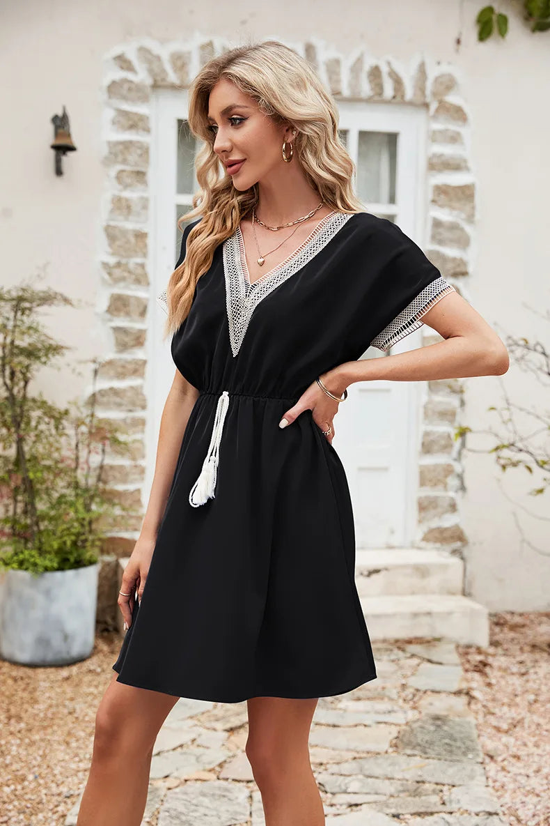 YJKDYK 2024 Summer Women Dress Hollow Lace Edge V-neck Short Dress Female Elastic Waistband Dress Women Satin Elegance Dress - Seprincess