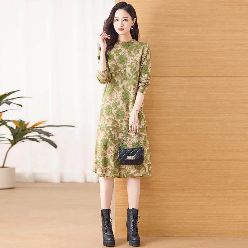 Woomen Clothing Korean Fashion Slim Knitted Jacquard Dresses Winter Thick Office Lady Daily Commute Comfortable Soft Dress - Seprincess