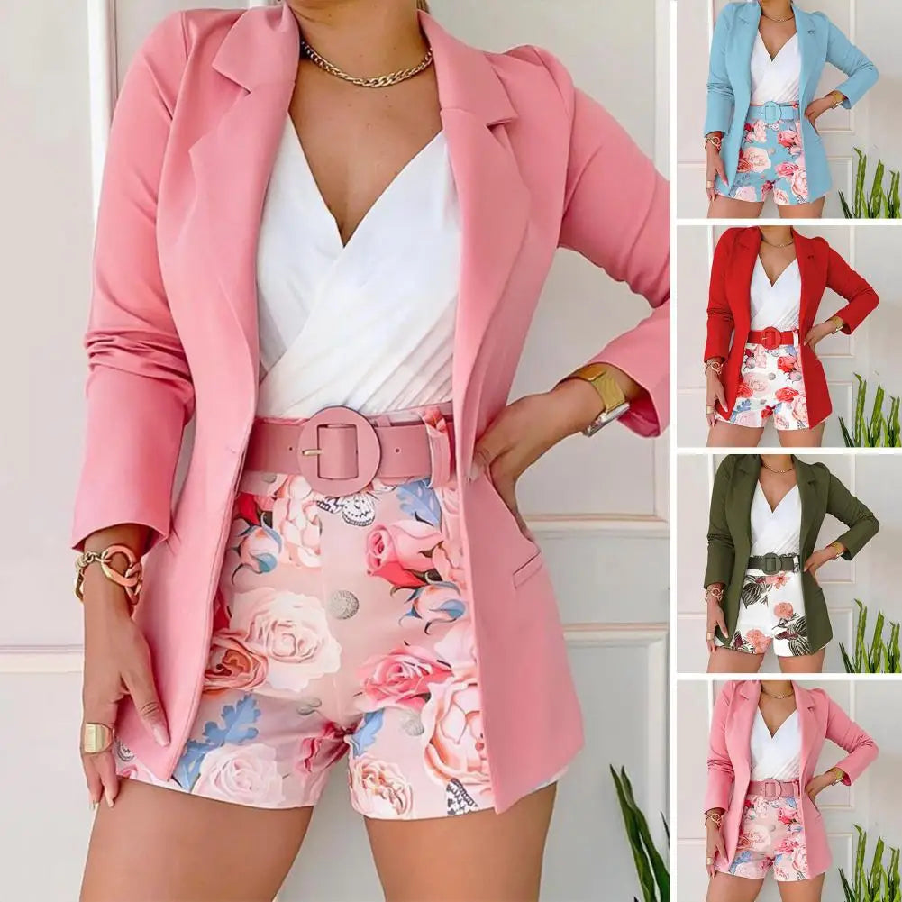 New 2024 Women Long Sleeve Blazer & Floral Print Shorts Set Casual 2 Piece Suit Sets Womens Female Outfits Set 2PCS - Seprincess